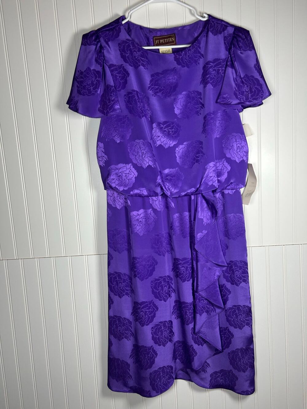VTG JT PETITES 1970's Dress satin Purple  ruffle sleeves knee length Sz14 NEW